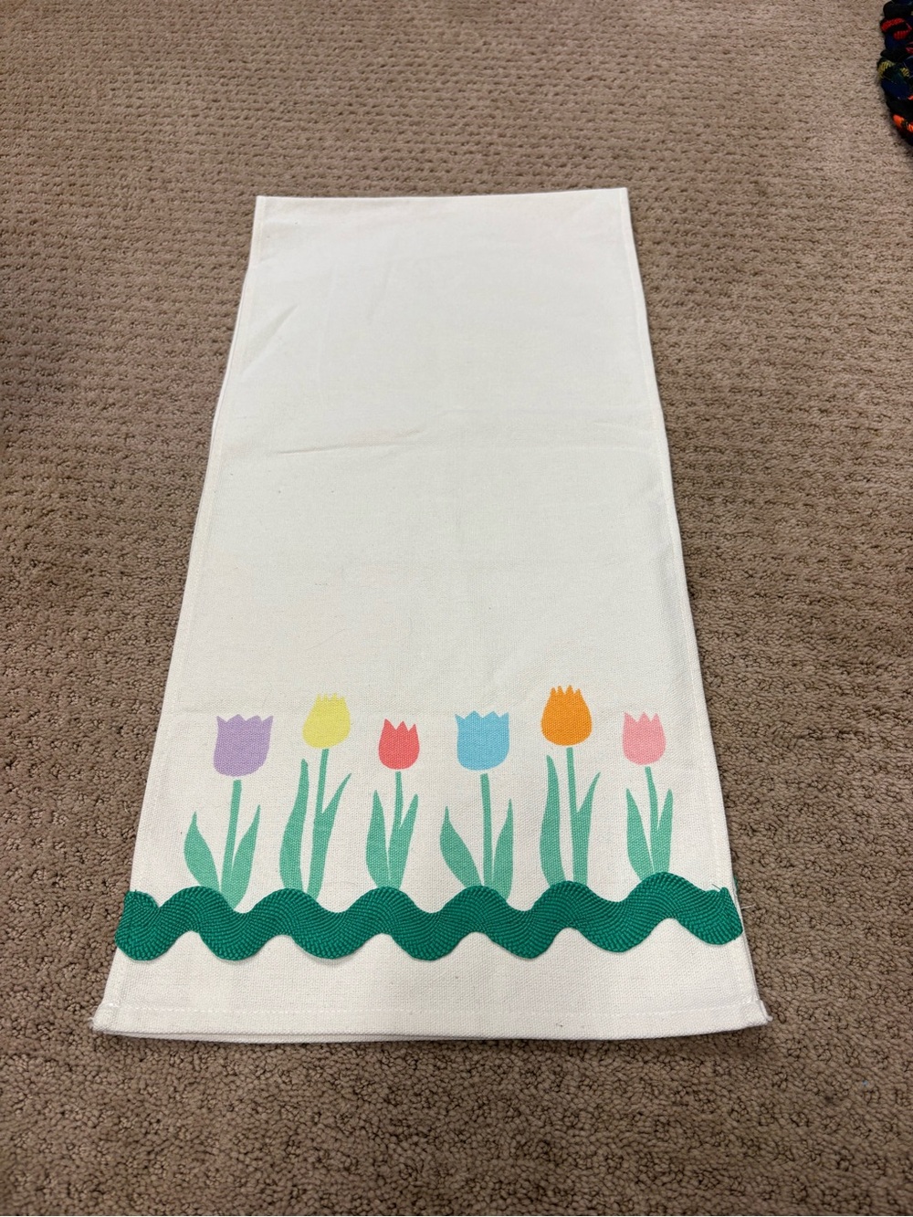 White Tulip Cotton Table Runner with Multicolor Floral Border and Rick Rack